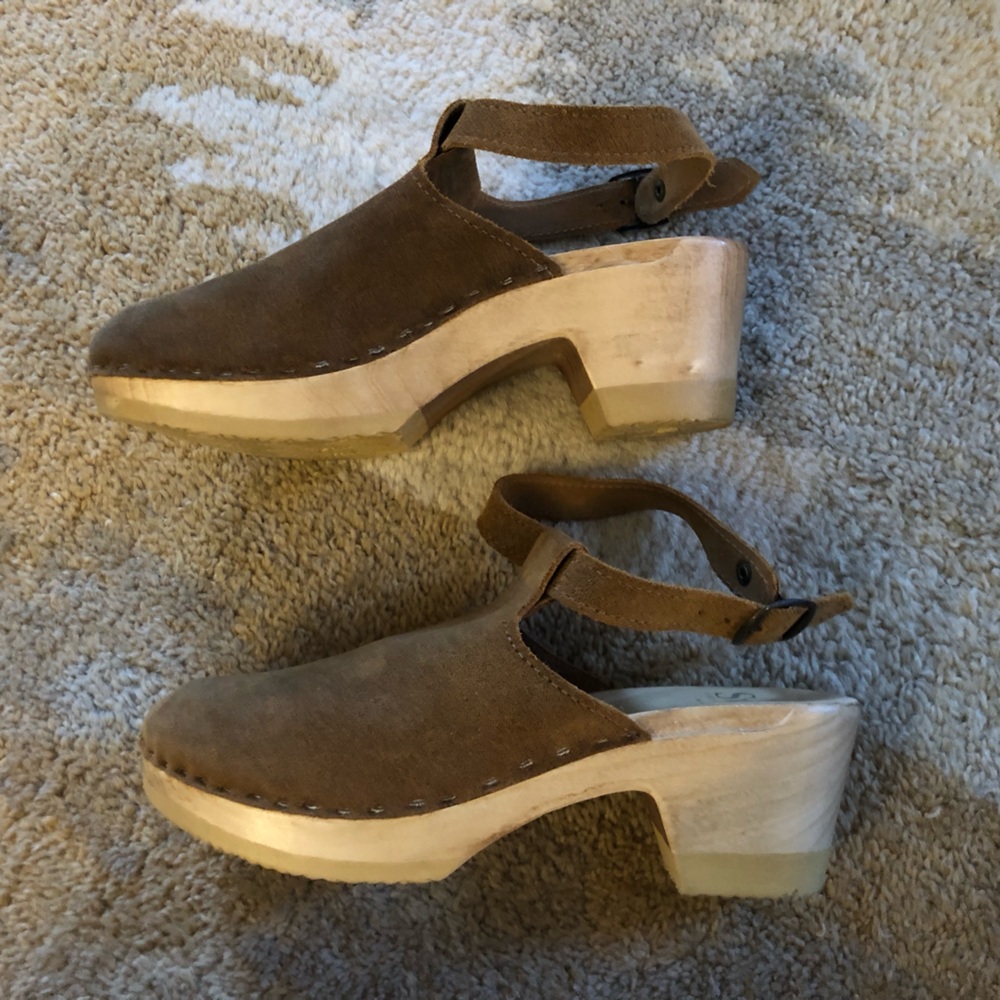 SVEN Original Swedish Halter Clogs Tobacco Brown Suede Wood Mid Heel Sz 37